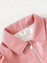 1pc Pink Leather-Look Minimalist Lapel Front Zip Tie-Waist Puff Sleeve Mommy And Me Matching Dress (Outfits Sold Separately)